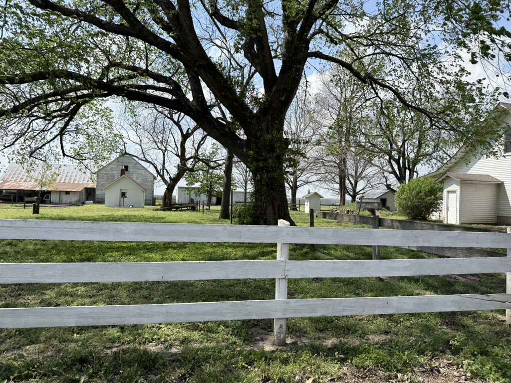 Historic outbuildings behind the white fence
